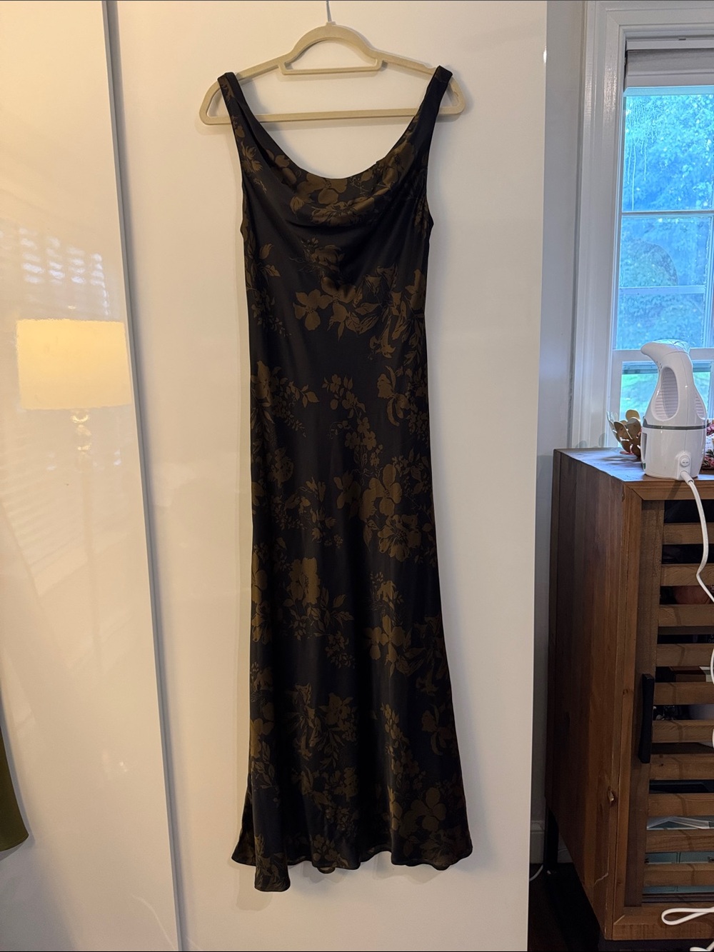 Reformation Black Maxi Slip Dress with Brown Floral Jacquard